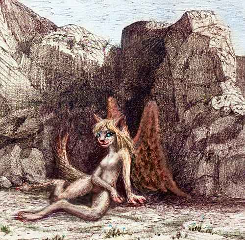 A sphinx sprawled in the shade of some rocks. A winged, golden feline like a small cougar, but much lighter, with four handlike paws with opposable digitis. This is the gracile subspecies found in the tropics. Rocks are from a drawing by Odilon Redon (19th century). Click to enlarge.