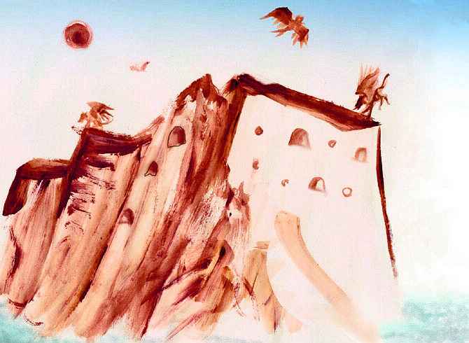 Watercolor sketch of a fishing village. Cave-houses cut into a red sandstone seacliff. Lebbirds, winged sphinxlike people, wheel over the water. Click to enlarge.