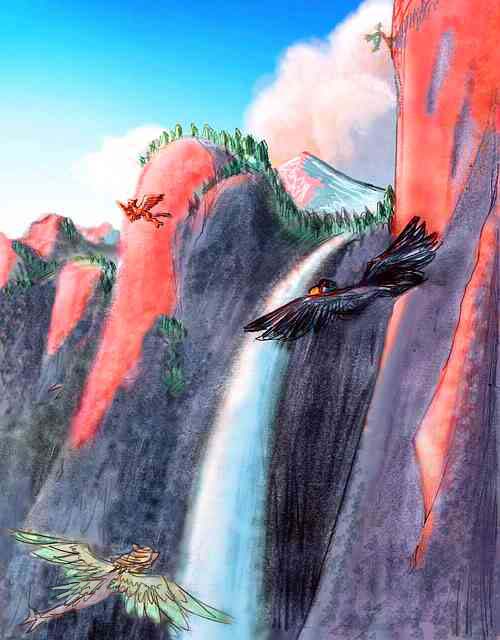 Low red light on cliffs and a high waterfall; small winged figures ride the updrafts toward snowy peaks above.