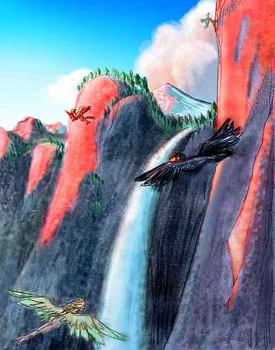 Low red light on cliffs and a high waterfall; small winged figures ride the updrafts toward snowy peaks above.