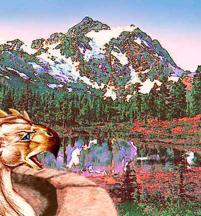 Foreground: a gryphon's head in profile. Background: the stone terrace of a gryphon keep by a mountain pond; red heath, dark pines, snowy crags.