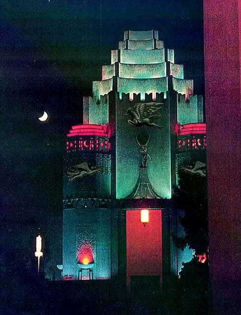 A steep, stepped pyramid at night, lit by lanterns and torches. Bas-reliefs show winged figures: pegasi, sphinxes, icari. Inspired by a fifty-year-old photo by Seymour Snaer of a San Francisco fair-pavilion, now unfortunately gone.
