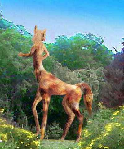 A tauraffe picking fruit in a sunny clearing in dense woods. Giraffe-like legs and body, but instead of a long neck, a tall fore-torso with two small arms. Tail, head and mane are somewhat more equine than giraffe-like.