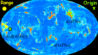 A map of Lyr, a large water world with small scattered continents. The limited range of tauraffes (tall, giraffe-like centauroids) is marked in yellow.