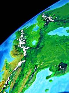 Low orbital photo of the Rusel Valley (Jotun Range on right, Tarnbergs on left) on Troisleons, a Europe-sized continent on Lyr, a model of a large sea-world (7 earth masses)