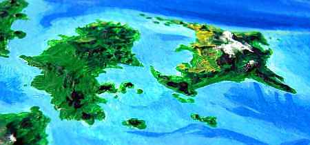 Orbital photo of the cool green islands of Grib and Wold, northeast of Troisleons, a continent on Lyr, a model of a large sea-world. Troisleons is a temperate continent smaller than South America. Click to enlarge.