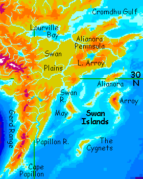 Map of southeast Troisleons, a continent on Lyr, a world-building experiment. Troisleons is a temperate continent smaller than South America.