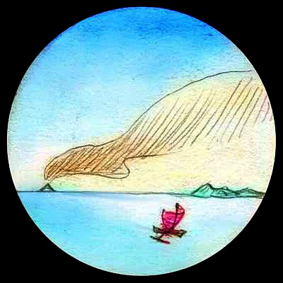 Round sketch of sea with red-sailed outrigger and distant islands, one a volcanic cone trailing smoke.