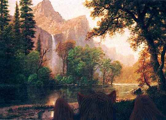 Waterfall and cliffs, seen between trees from a riverbank. Based on 19th Century painting of Yosemite Valley by Bierstadt.