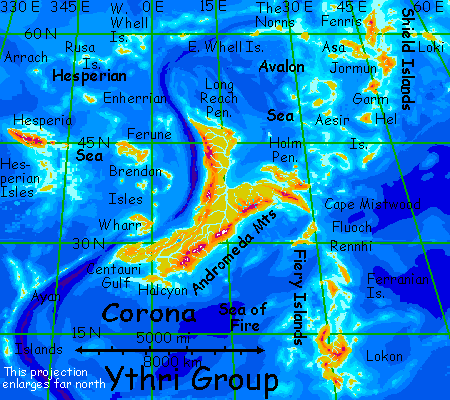 Map of the Ythri land-cluster, on Lyr, a world-building experiment.