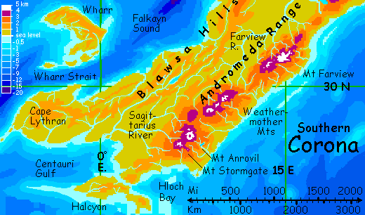 Map of southern Corona, the chief continent of the Ythri cluster, on Lyr, a world-building experiment.