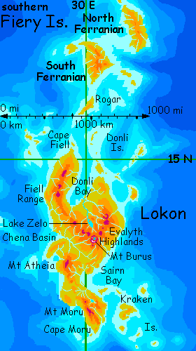 Map of Lokon, largest of the Fiery Islands in the Ythri region of Lyr, a world-building experiment.