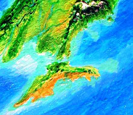 High orbital photo of Halcyon Island, a semiarid Cuba in the Ythri region of Lyr, a model of a huge sea-world.