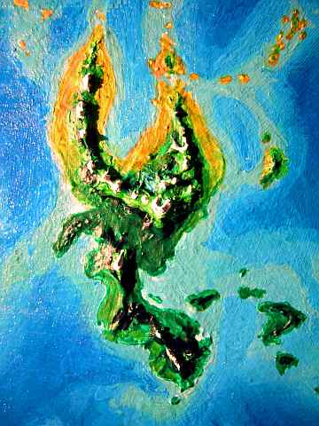 High orbital photo of Lokon, a twisting Y-shaped tropical island twice as big as Madagascar, on Lyr, a model of a huge sea-world. Click to enlarge.