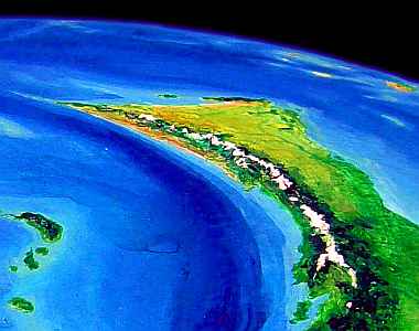 Low orbital photo of northern Corona: the Gray Range on left, Long Reach Peninsula upper left, Liaw Bay to right. Corona is the largest continent on Lyr, a model of a huge sea-world. Click to enlarge.