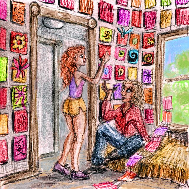 Magenta & hot orange squares cover a bedroom wall. Dream sketch by Wayan. Click to enlarge.