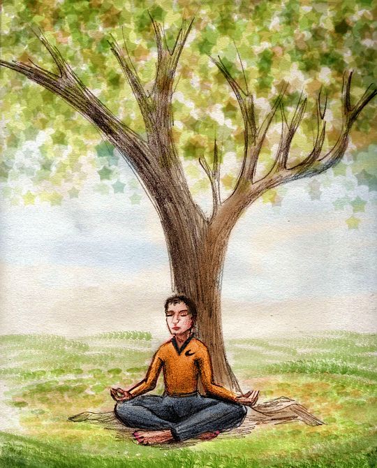 Dream: I, Captain Kirk, meditate under a tree. Sketch of a dream by Wayan. Click to enlarge.