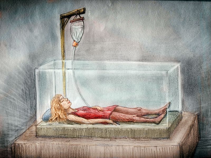 Dream: Star Trek woman asleep in a glass coffin with IV drip. Sketch of a dream by Wayan. Click to enlarge.