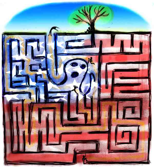 I thread a haunted maze that's a school for wizards; dream painting by Wayan.