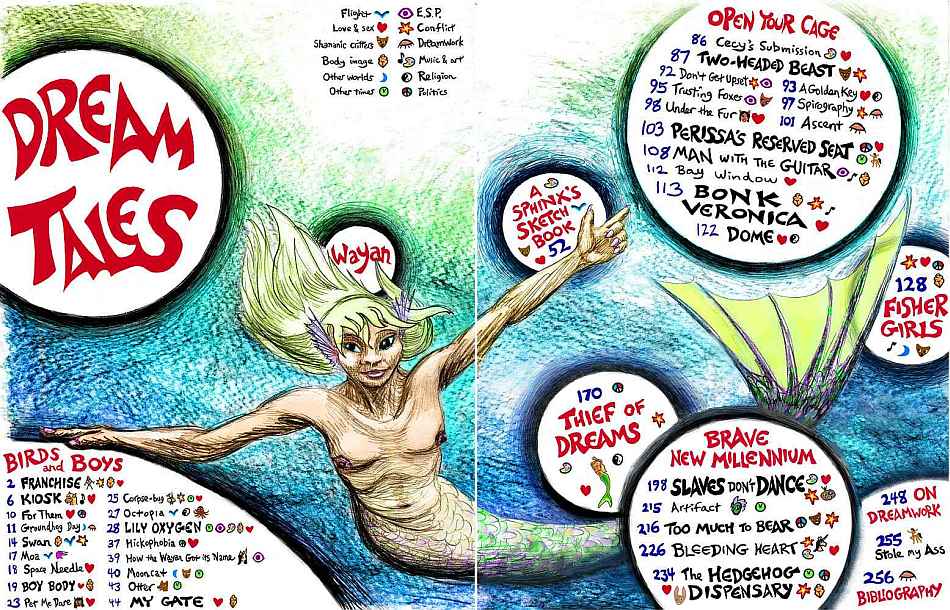 Table of contents for 'Dreamtales'. The artist, Wayan, as a mermaid amid clickable bubbles with the titles of dream-comics