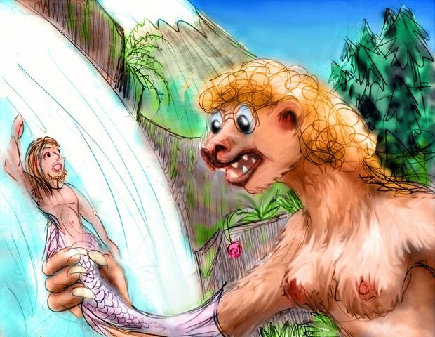 Bear-Girl snags a salmon-boy from a stream; dream-sketch by Wayan. Click to enlarge.