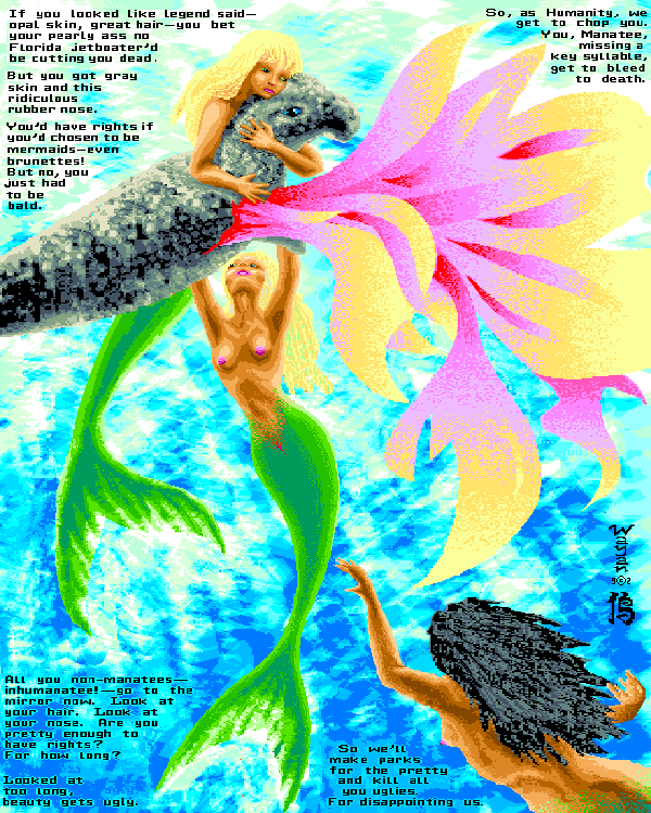Mermaids aid a manatee cut by a propeller; digital sketch by Wayan. Click to enlarge.