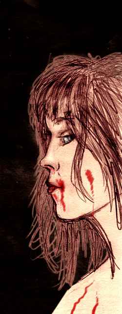 Sepia drawing of a woman's face in profile. She looks at us sidelong, and smiles. Blood smears her mouth, breast and cheek. Click to enlarge.