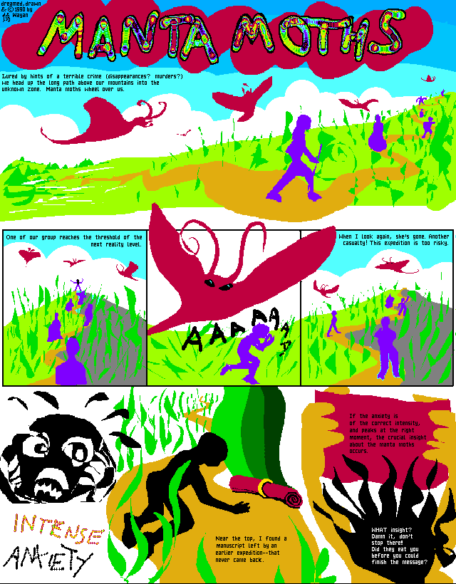 Page 1 of a digital comic, Manta Moths, dreamed & drawn by Wayan. Click to enlarge.