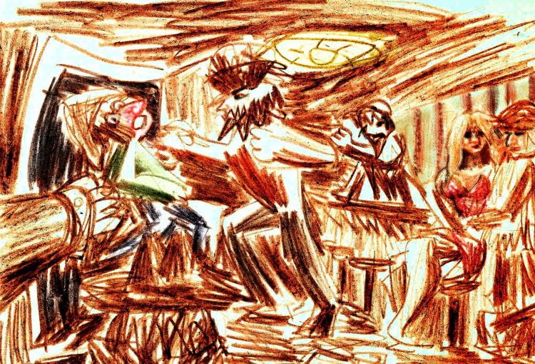 Marine geologists fight in a bar; crayon sketch of dream by Wayan