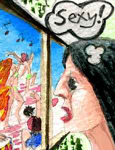 Watercolor of a face looking longingly out a window at Carnaval--dancers, drummers.