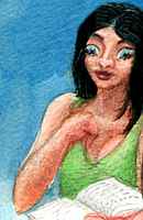 Watercolor of a brunette with a long face, in a green dress, holding a book. She looks down as if surprised to see her own body. In my dream, this was me: my name was Marjane.