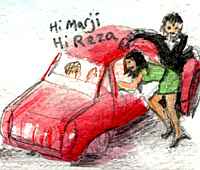 Watercolor of a couple getting into a red car. People inside greet them: 'Hi, Marji, hi Reza.'