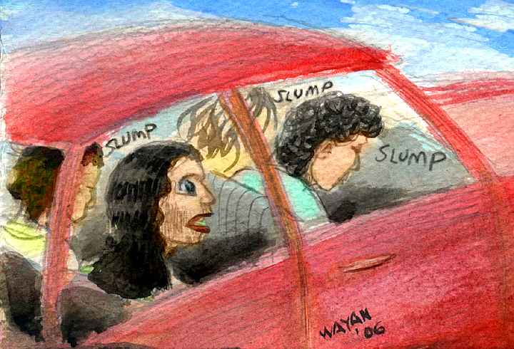 Watercolor of four people in a red car. Three abruptly slump over unconscious or dead, including the driver. The fourth, a dark-haired woman, looks alarmed.