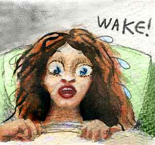 Watercolor sketch of a sleeper waking abruptly in shock.