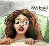Watercolor sketch of a sleeper waking abruptly in shock.