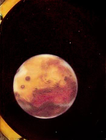 Painting of a dream by Wayan: Mars, through a viewport, as we dock at a high orbital station.