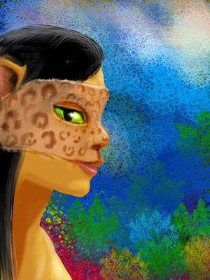 I sew a jaguar mask onto a girl's living face; dream sketch by Wayan. Click to enlarge.
