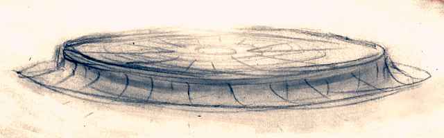 Sketch of a dream scene, by Chris Wayan: a round, sunlit stone dais in a Mayan cave.