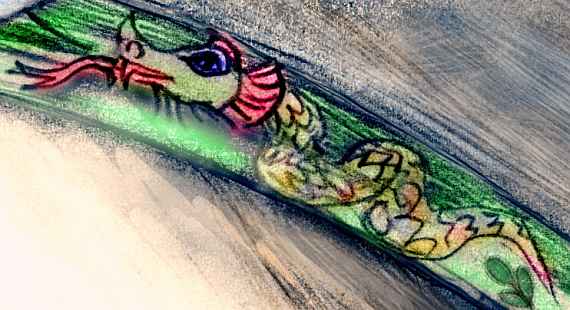 Sketch of a dream scene, by Chris Wayan: a painted carving of a feathered serpent in a Mayan cave.