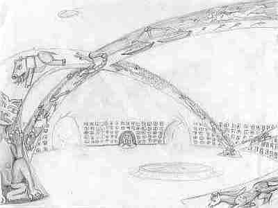 Faint pencil sketch of a dream scene, by Chris Wayan: a cavern with arches. Hard to make out.