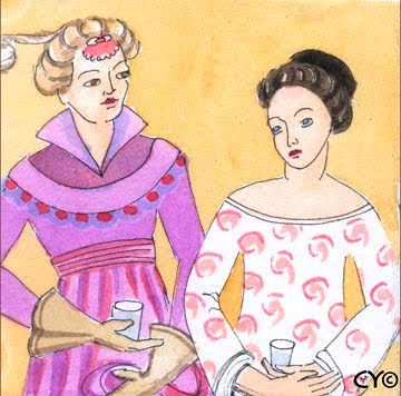 Color sketch of a dream by Carla Young. Two medieval women, one young one middle-aged, poison one another.