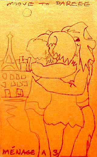 line sketch of our menage a trois, embracing in Paris