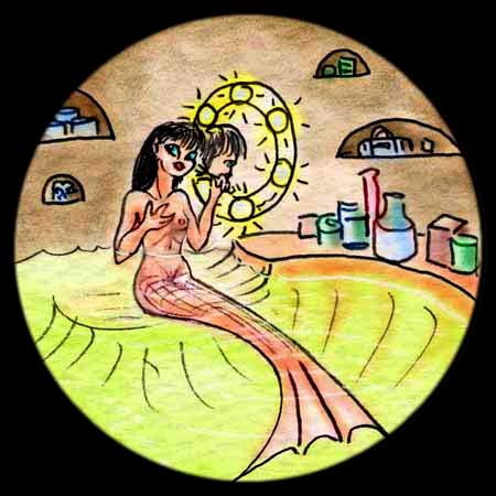 A mermaid actress backstage in her dressing room, taking off dragon-make-up; dream pencil/watercolor sketch by Wayan; click to enlarge.