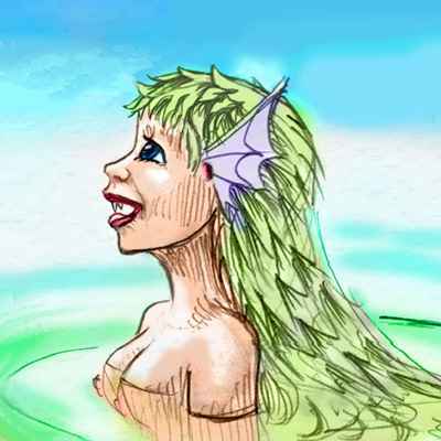 Head of a mermaid rising from the water, in profile; green hair, violet ear-fins, sharp-toothed smile.