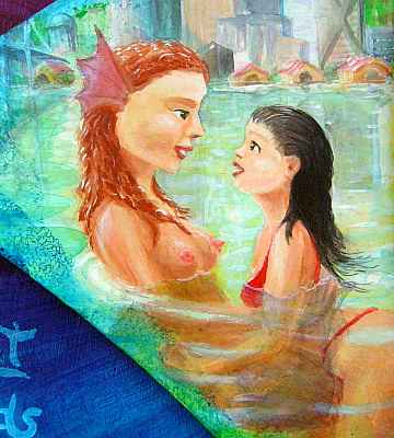 Dream-painting: as a mermaid, I rescue a girl with black hair in a red swimsuit. Here our eyes meet as she clings to me. Click to enlarge.