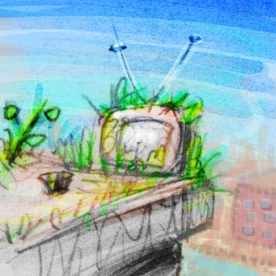 Sketch of a dream by Chris Wayan: a moss-covered TV on a ledge.