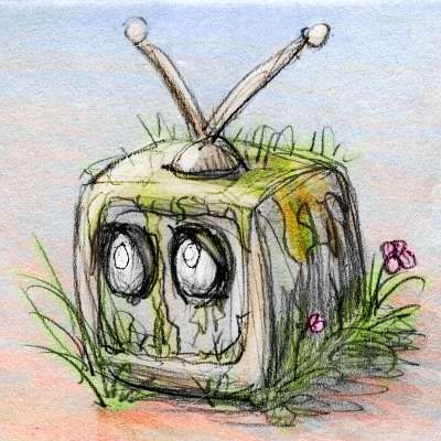 Sketch of a dream by Chris Wayan: a mossy robot head among the weeds.