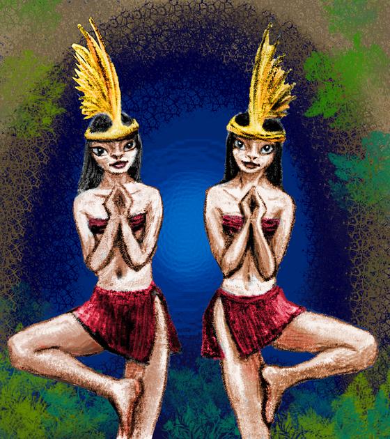 Two Thai temple priestesses, in gold & magenta. Dream sketch by Wayan. Click to enlarge.