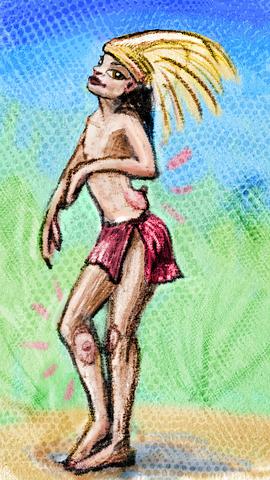 Temple dancer with migrating breasts. Dream sketch by Wayan. Click to enlarge.