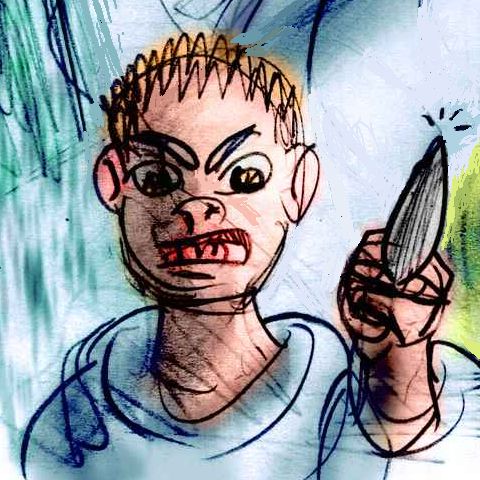 An angry boy waves a knife; dream sketch by Wayan.